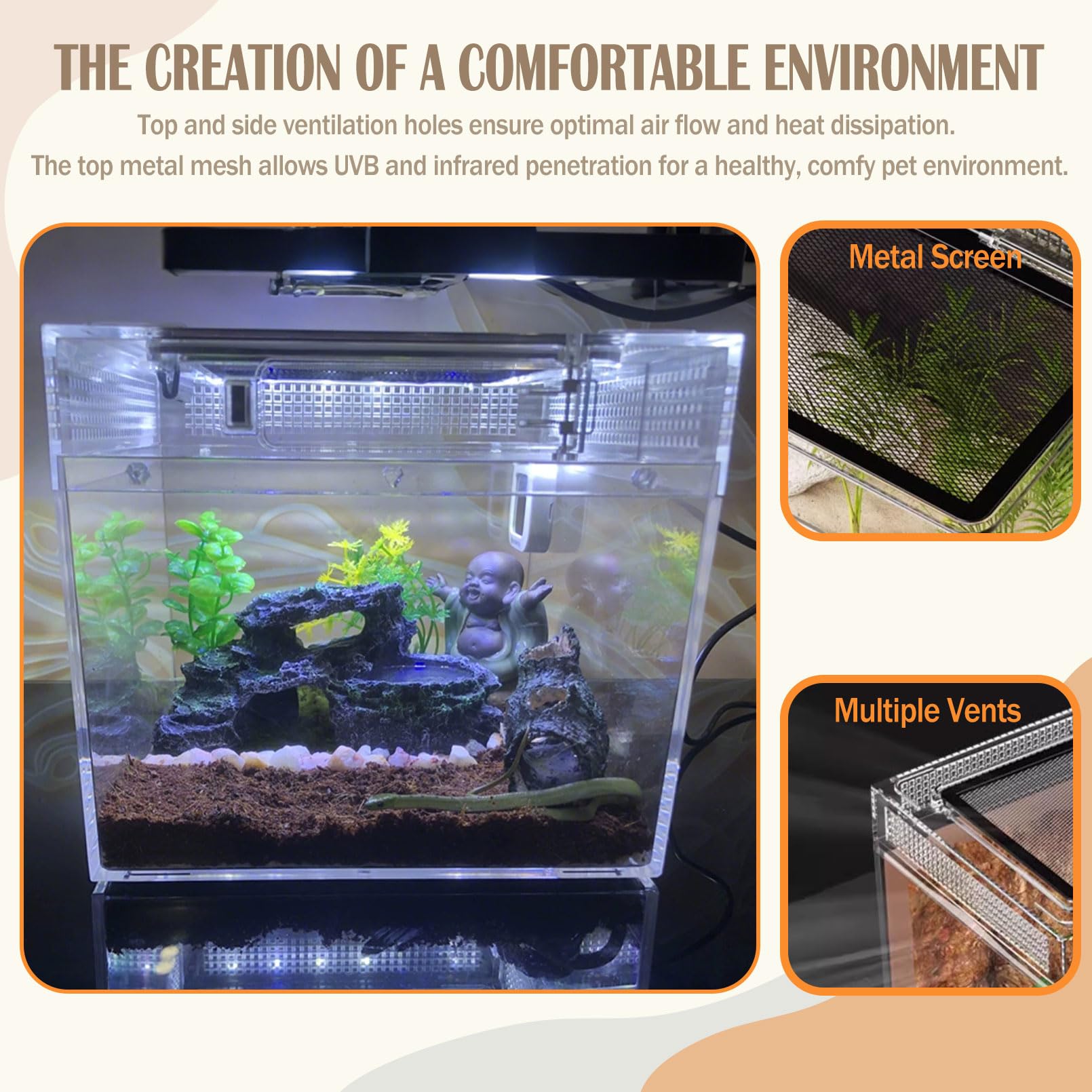 Acsist Reptile Terrarium, Jumping Spider Enclosure Starter Kit, Leopard Gecko Habitat Container, 8''X8''X7''Reptile Tank For Tar